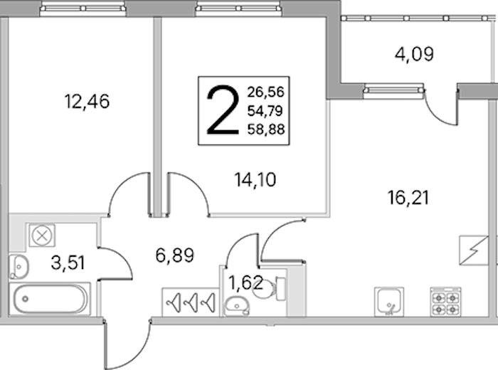 2-комнатная квартира 54.79 м², 1/5 эт., ЖК «ЮгТаун. Олимпийские кварталы»